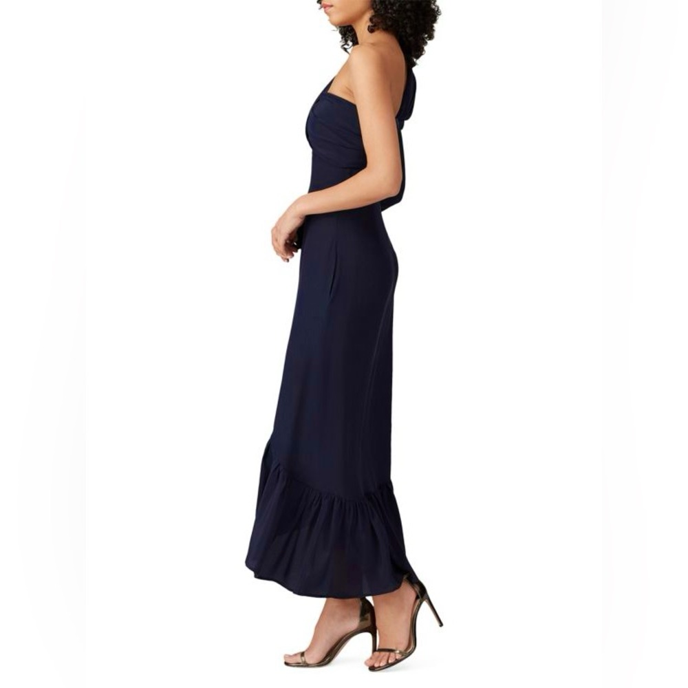 ROKH Women’s One Shoulder Midi Sheath Dress Ruffle Hem Navy Blue Size FR 40 - Picture 3 of 7